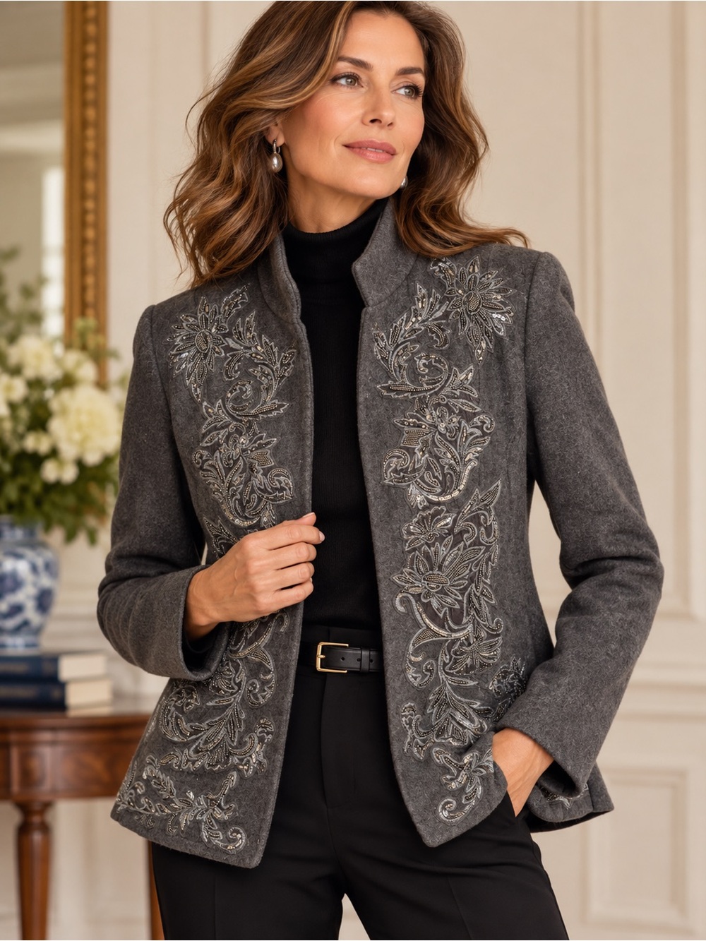 Chico’s Jacket Wool Blend Embroidered Beaded Sequined Gray SIZE LARGE NWT